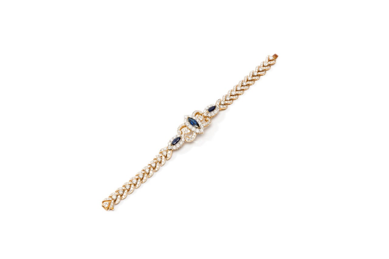 Modern Diamond Sapphire Gold Link Bracelet For Sale