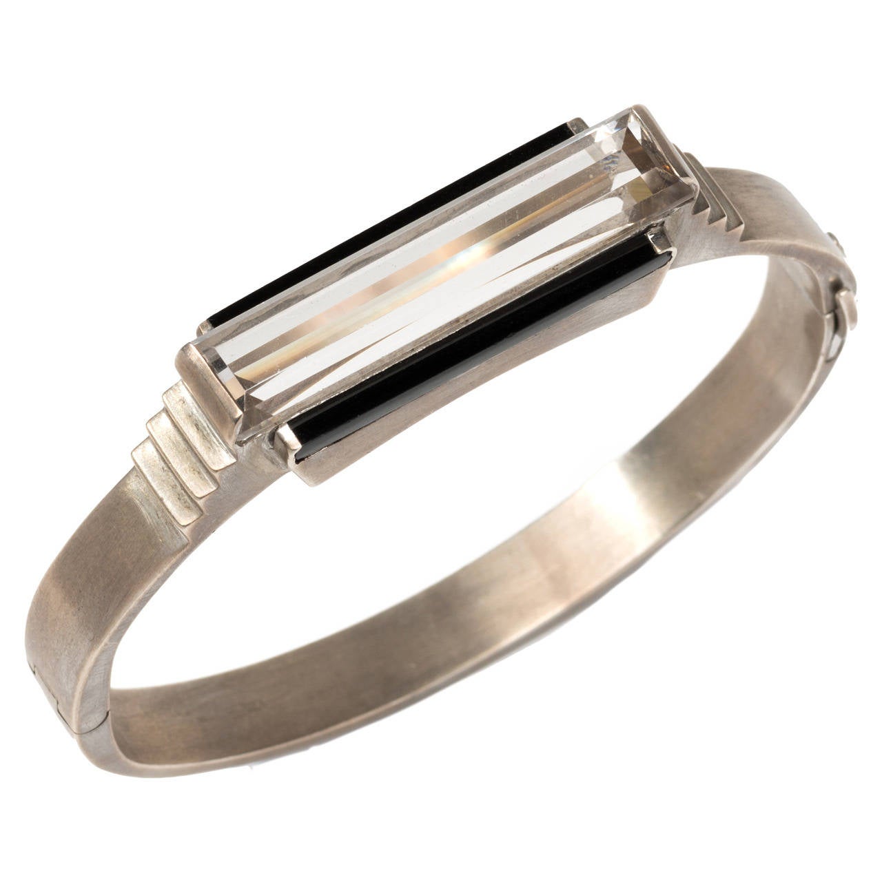 Art Deco Rock Crystal Onyx Gold Bangle For Sale