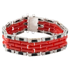 Coral Onyx Diamond Gold Link Bracelet