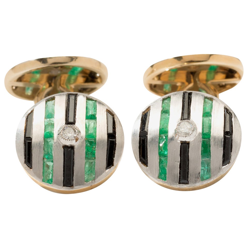 Edwardian Emerald Diamond Gold Cufflinks For Sale at 1stDibs