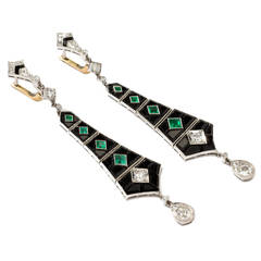 Antique Onyx Emerald Diamond Dangle Earrings