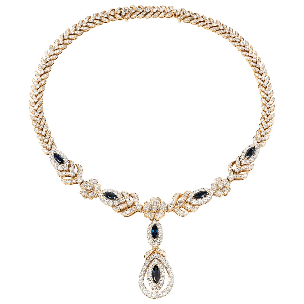  Diamond Sapphire Gold Link Necklace For Sale