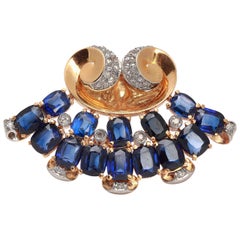 1940s Blue Sapphire Diamond Yellow Gold Platinum Brooch