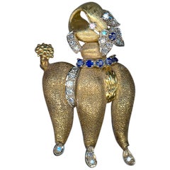 Vintage 1940s Sapphire Diamond Gold Poodle Brooch