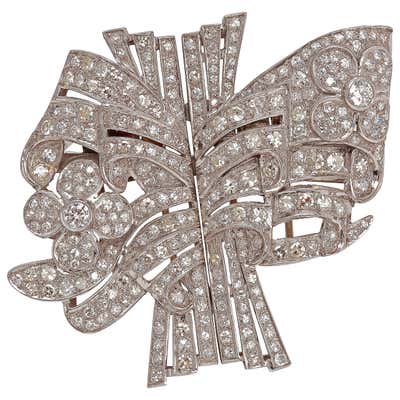8 Carat Art Deco Double Clip Emerald Diamond Platinum Brooch For Sale ...