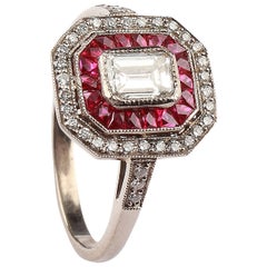 Vintage Ruby and Diamond Cluster Gold Ring in Art Deco Style