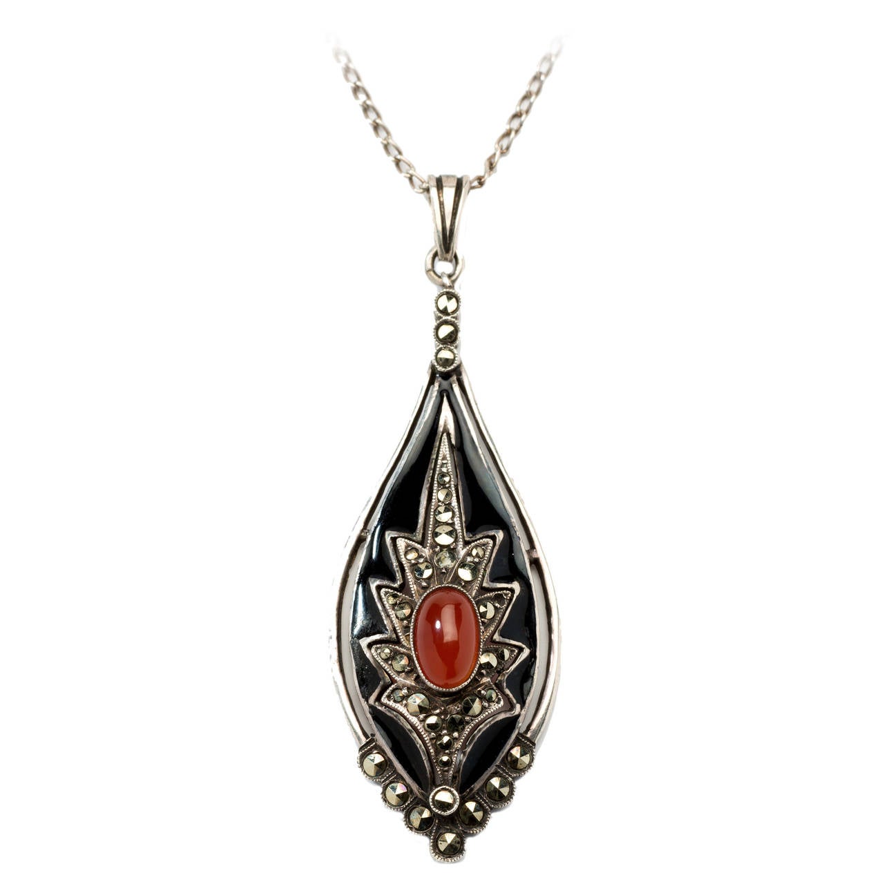 Theodor Fahrner Carnelian Marcasite Silver Pendant and Chain For Sale