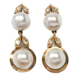 Elegant Mabe Pearl Diamond Gold Dangle Earrings