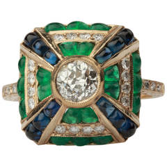 Emerald Sapphire Diamond Gold Cluster Ring