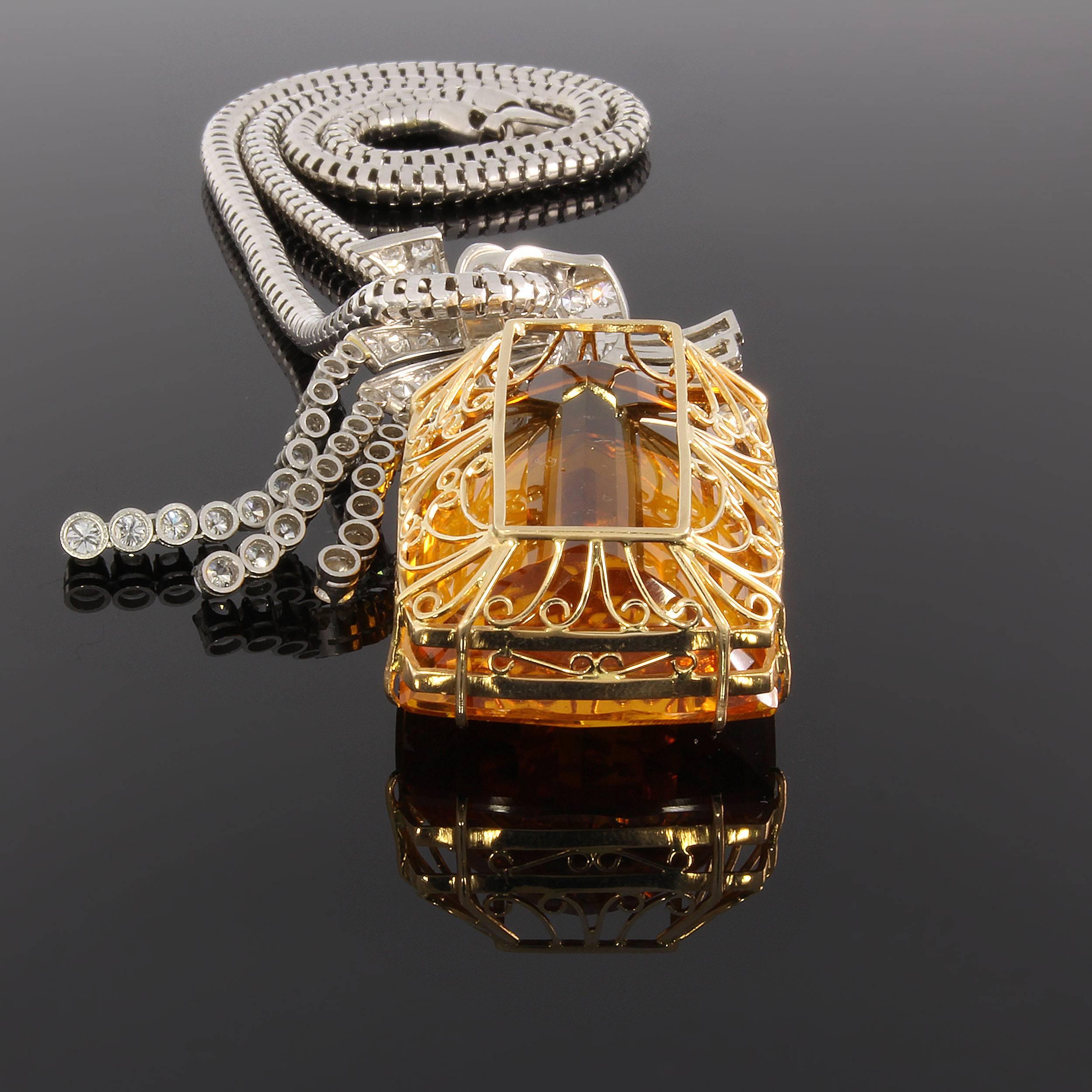 Art Deco Large Citrine Diamond Gold Pendant In Excellent Condition For Sale In Berlin, DE