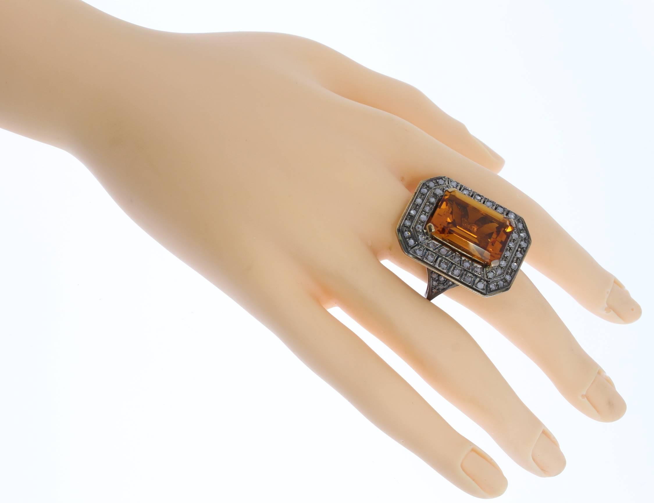 Art Deco Large Citrine Diamond Silver Gold Ring In Excellent Condition For Sale In Berlin, DE