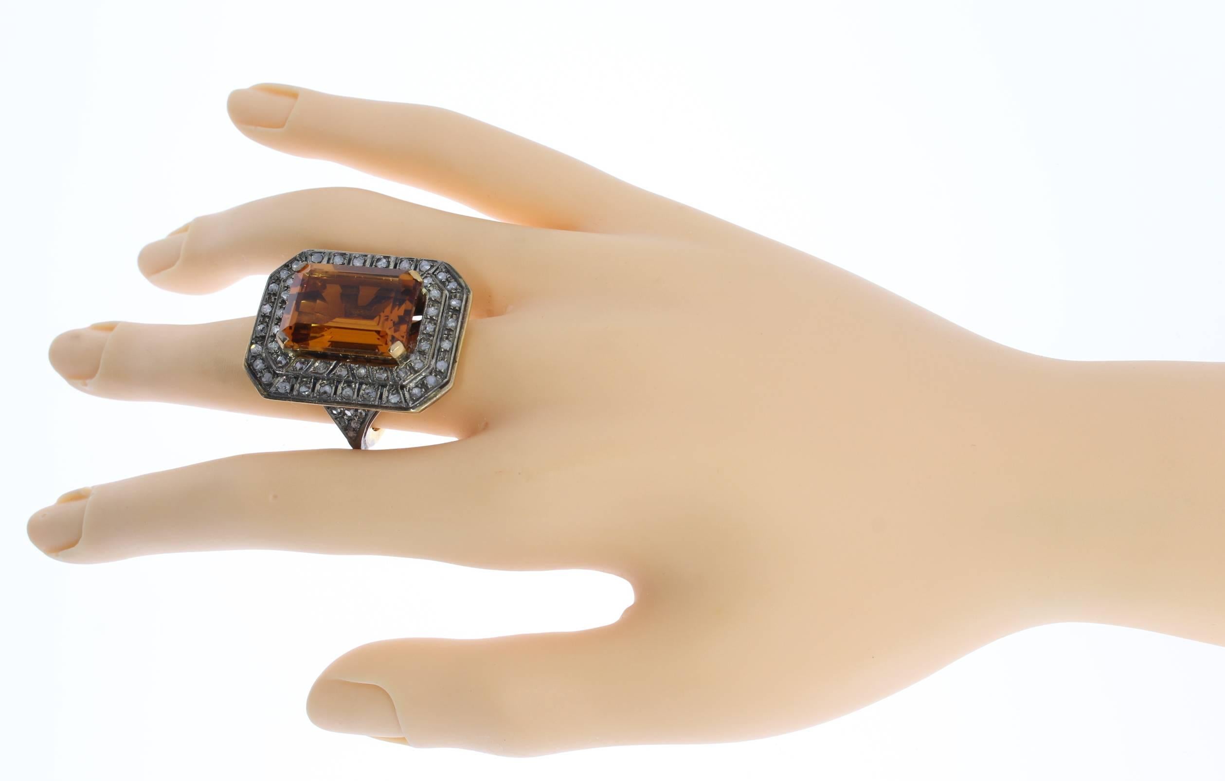 Art Deco Large Citrine Diamond Silver Gold Ring For Sale 1