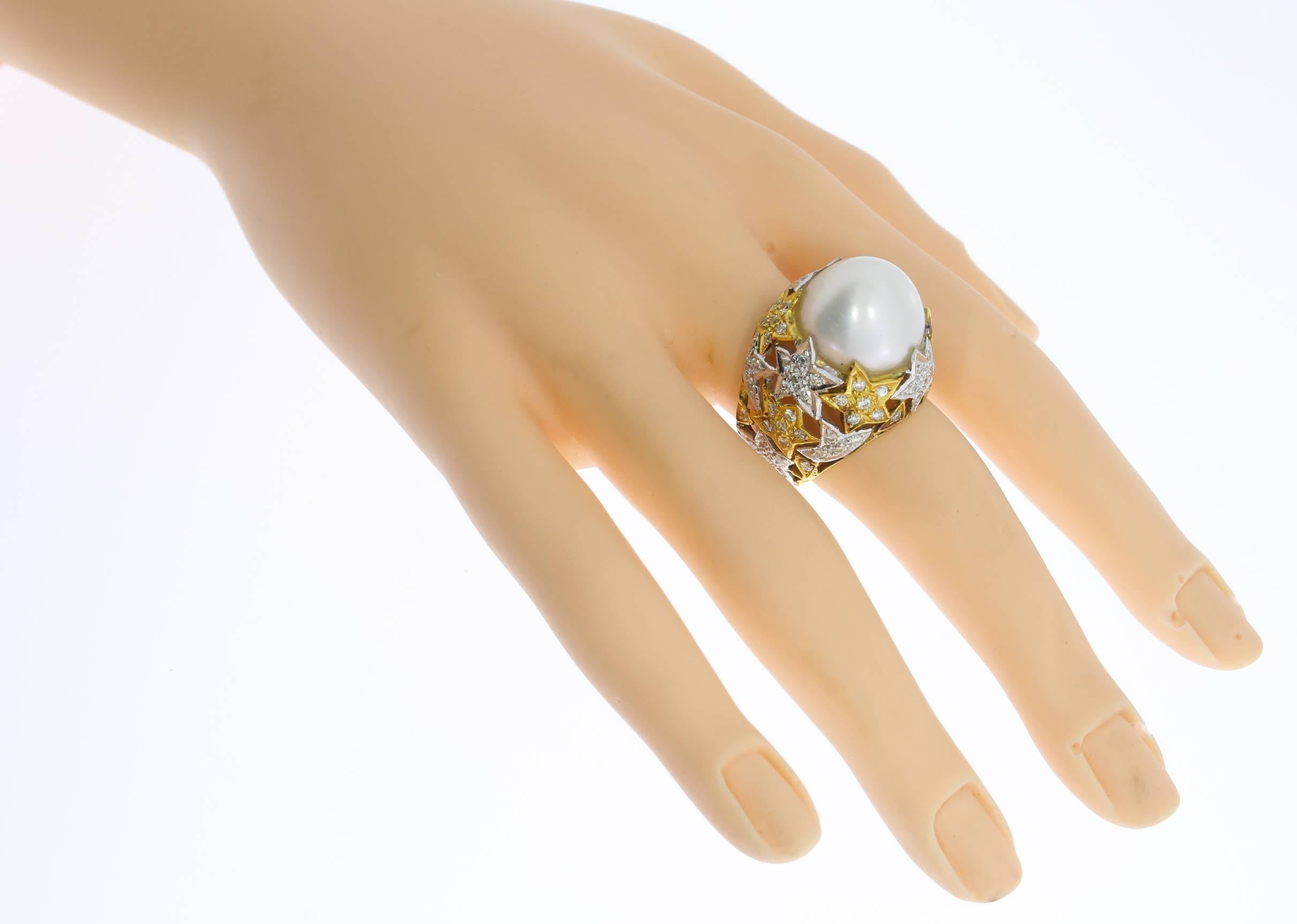 Pearl Diamond Gold Star Cocktail Ring 2