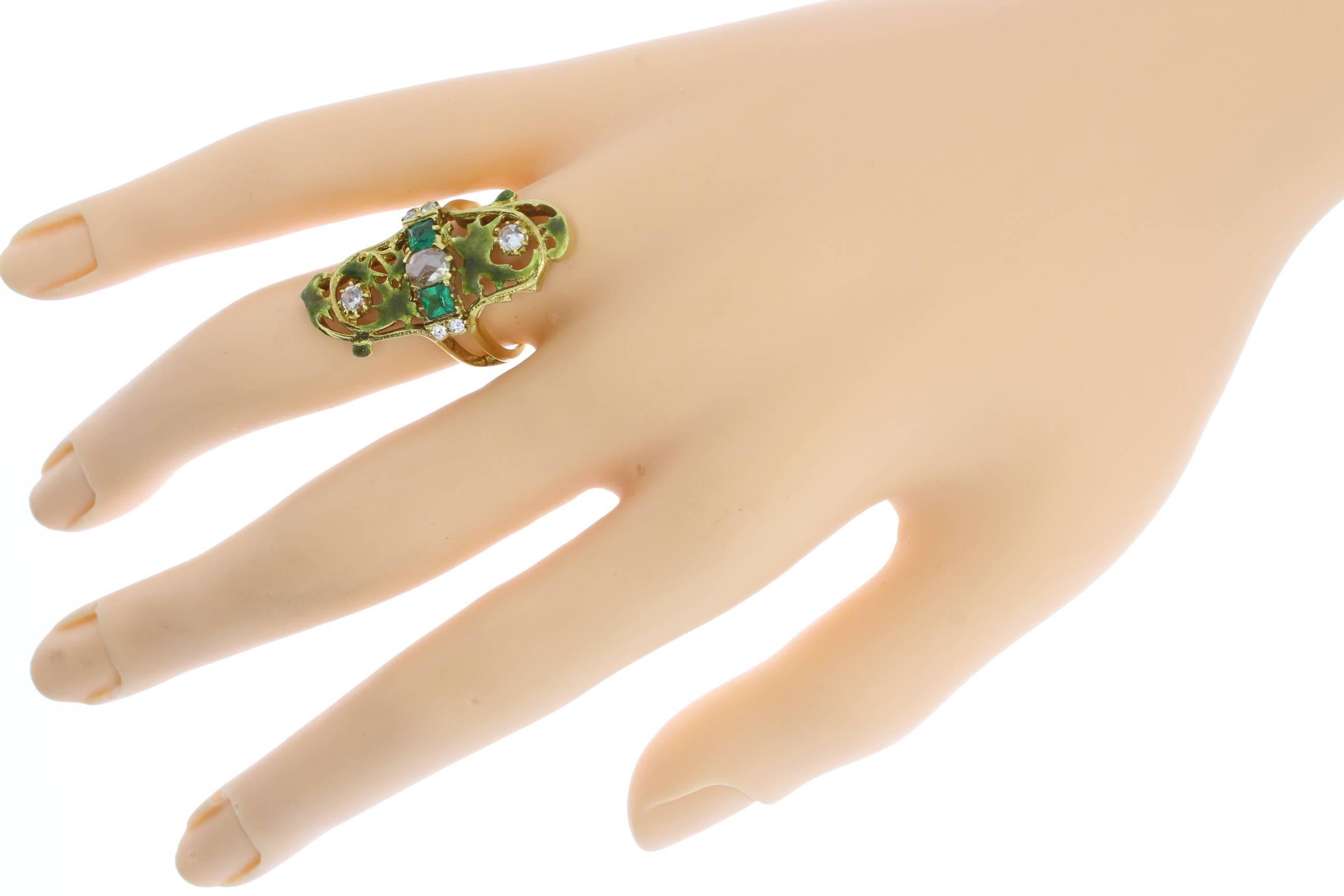Women's Art Nouveau Emerald and Diamond Gold Ring For Sale