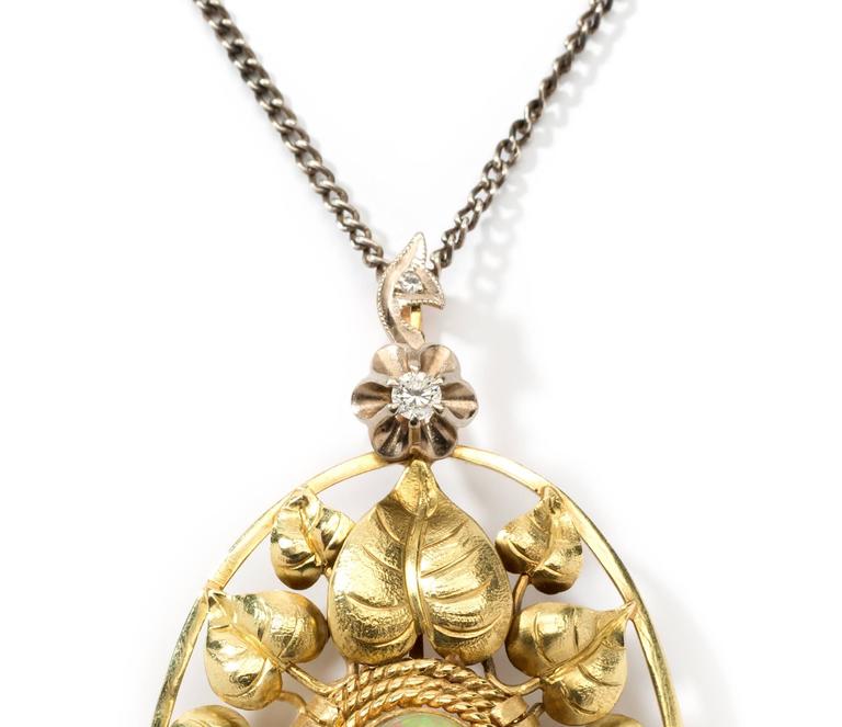 Cabochon John Zerano Art Nouveau Opal Pendant with 14 K Yellow Gold Chain For Sale