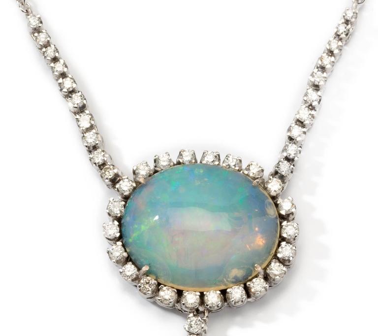 Double Opal Diamond White Gold Chain Pendant For Sale at 1stDibs