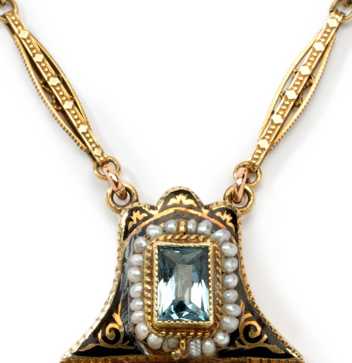 Emerald Cut Double Aquamarine Pearl Pendant with Gold Chain