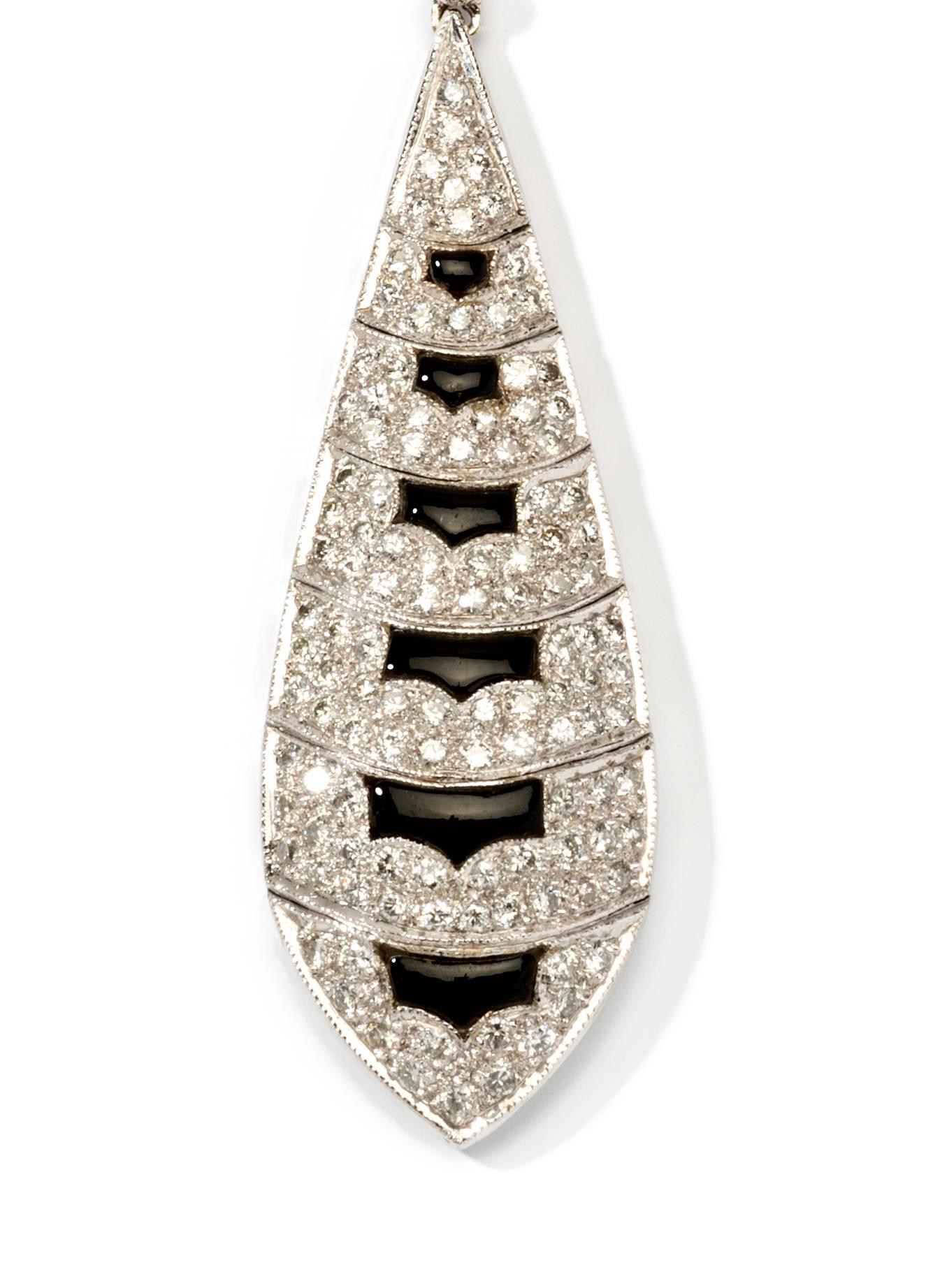 Brilliant Cut Art Deco Diamond Onyx Gold Pendant with Chain For Sale