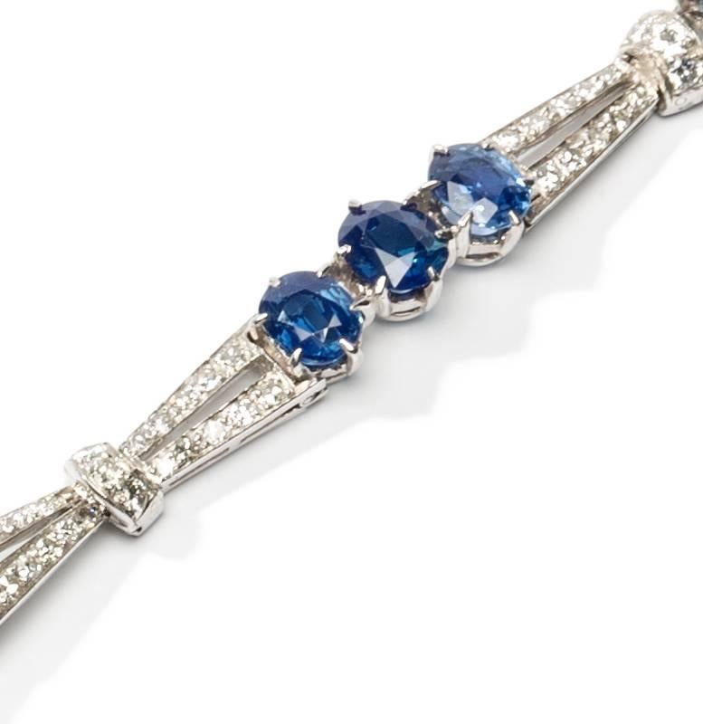 Oval Cut Art Deco Sapphire Diamond Bracelet in Platinum and White Gold For Sale