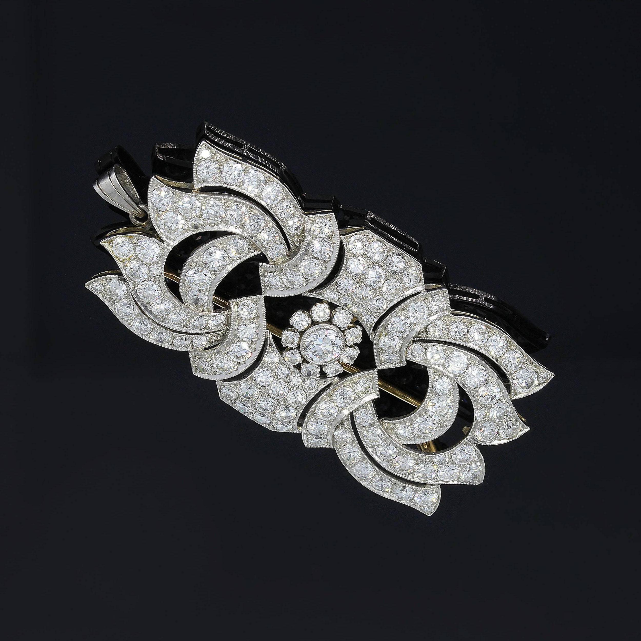 Brilliant Cut Art Deco Diamond Gold Brooch Pendant For Sale