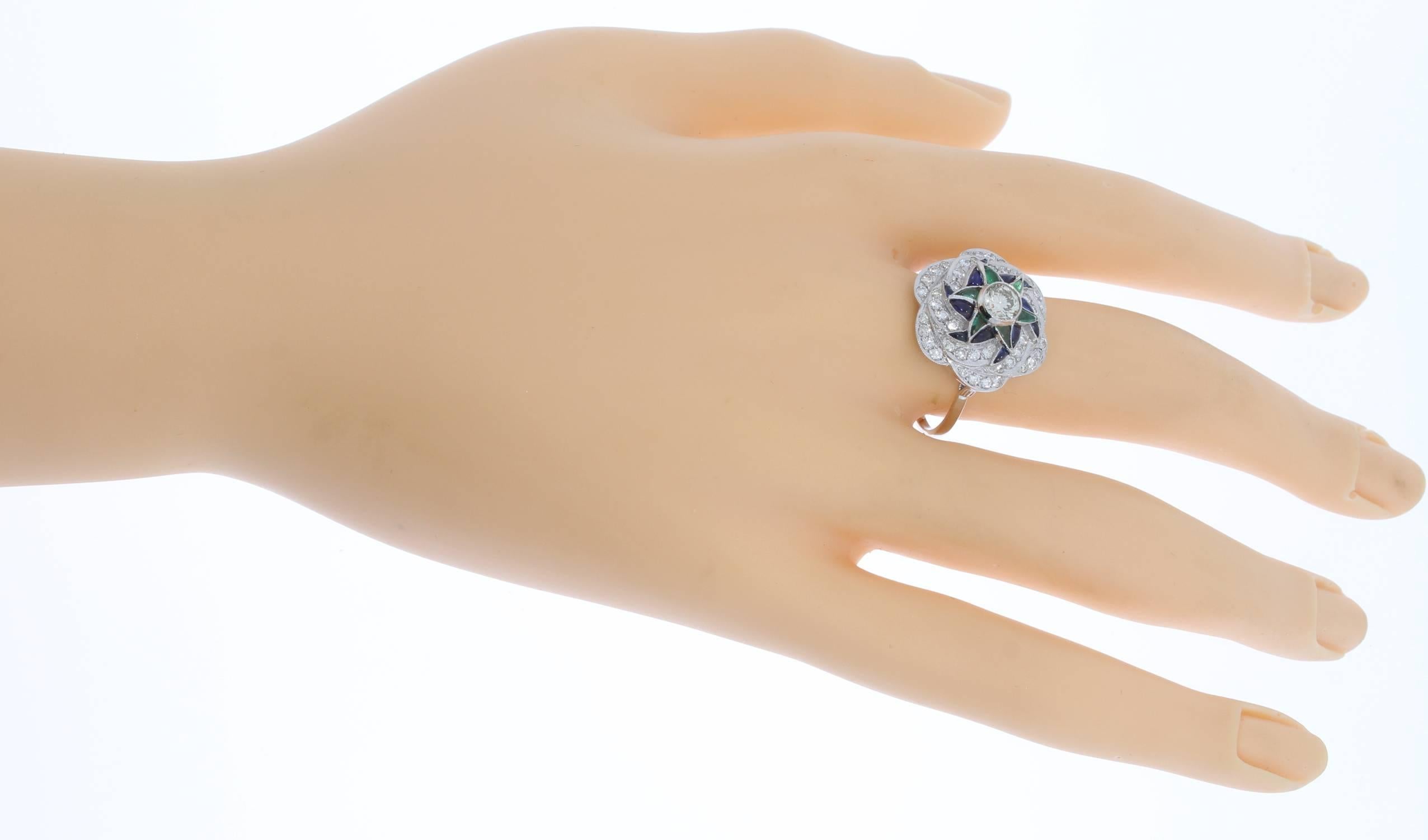 Art Deco Sapphire Emerald Diamond Gold Ring For Sale