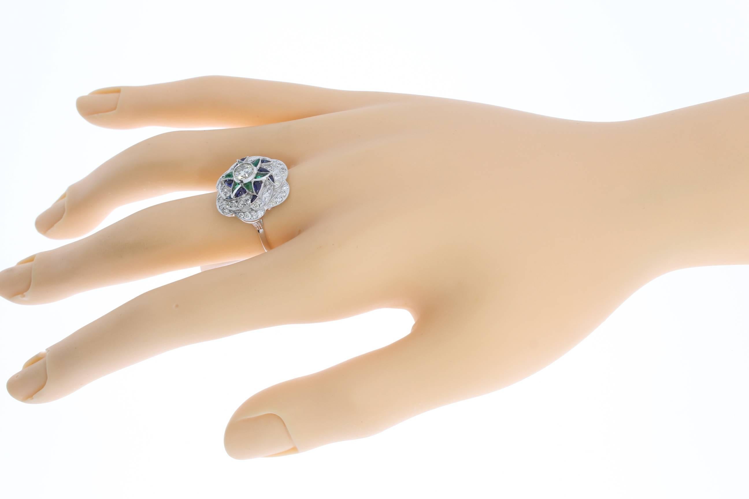 Brilliant Cut Sapphire Emerald Diamond Gold Ring For Sale