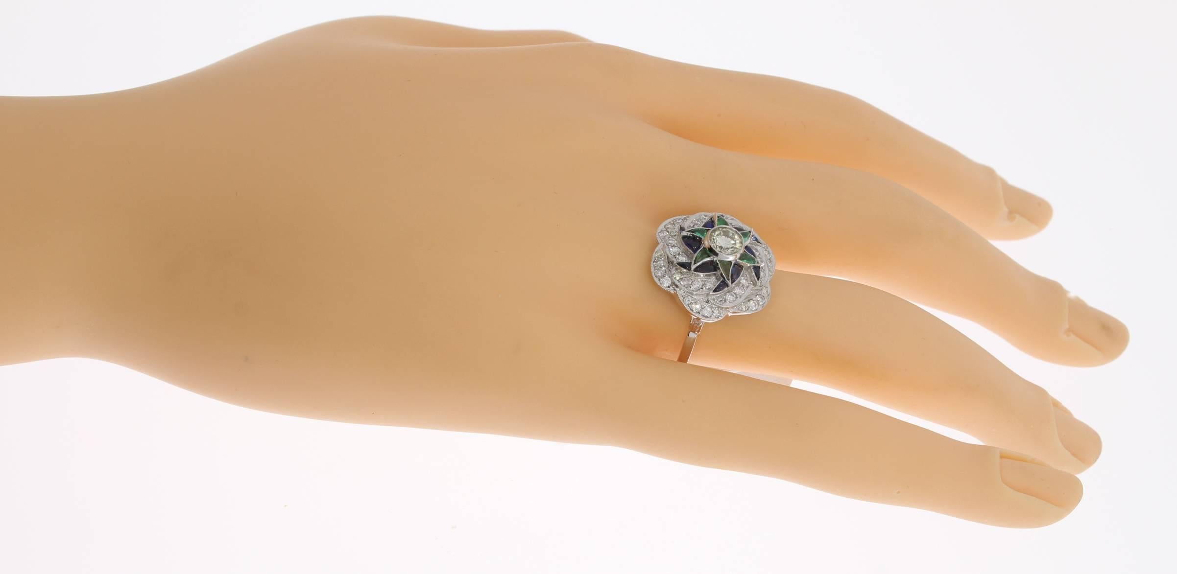 Women's Sapphire Emerald Diamond Gold Ring For Sale
