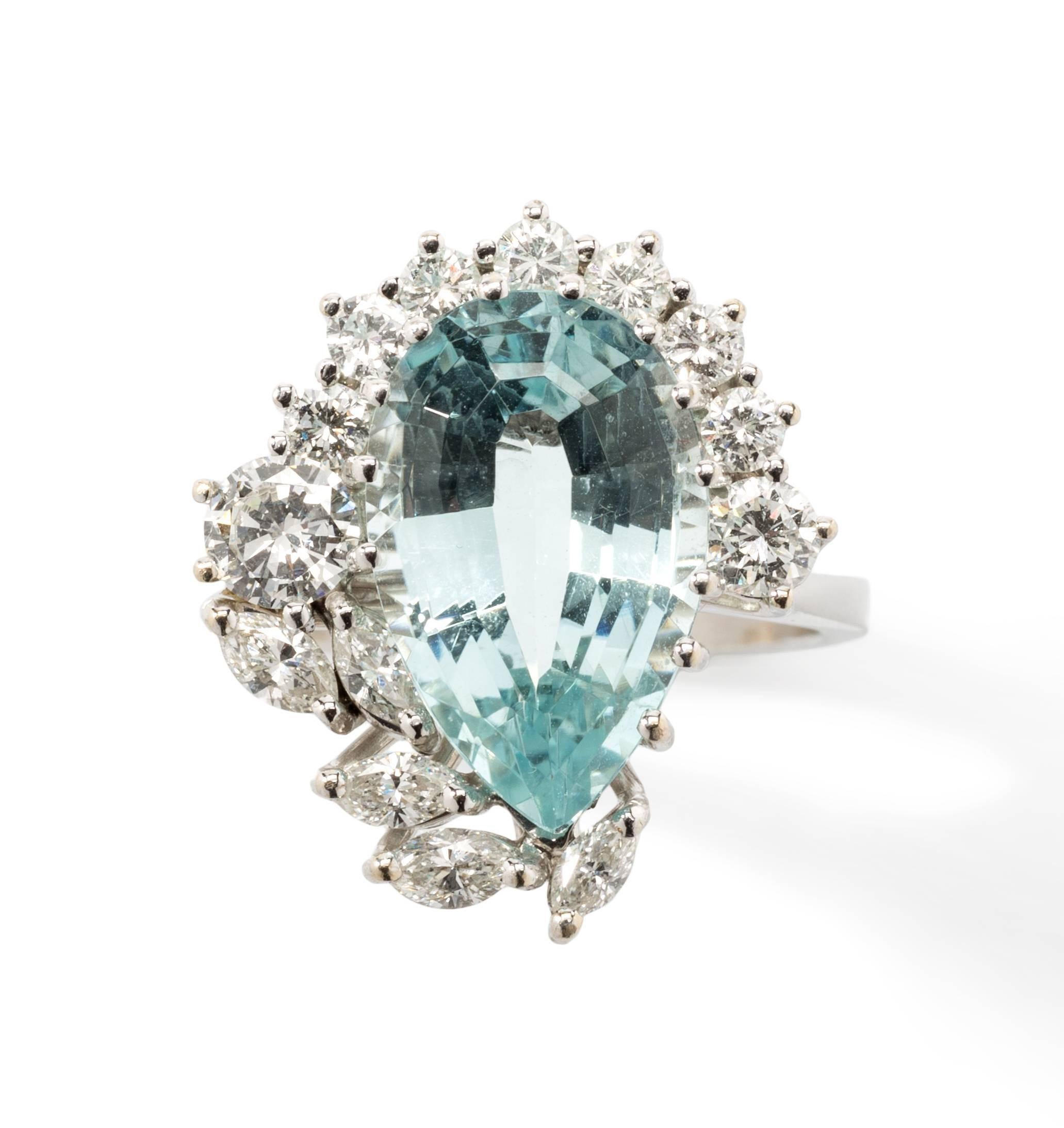 Brilliant Cut Tear Drop Aquamarine Ring with Diamonds For Sale