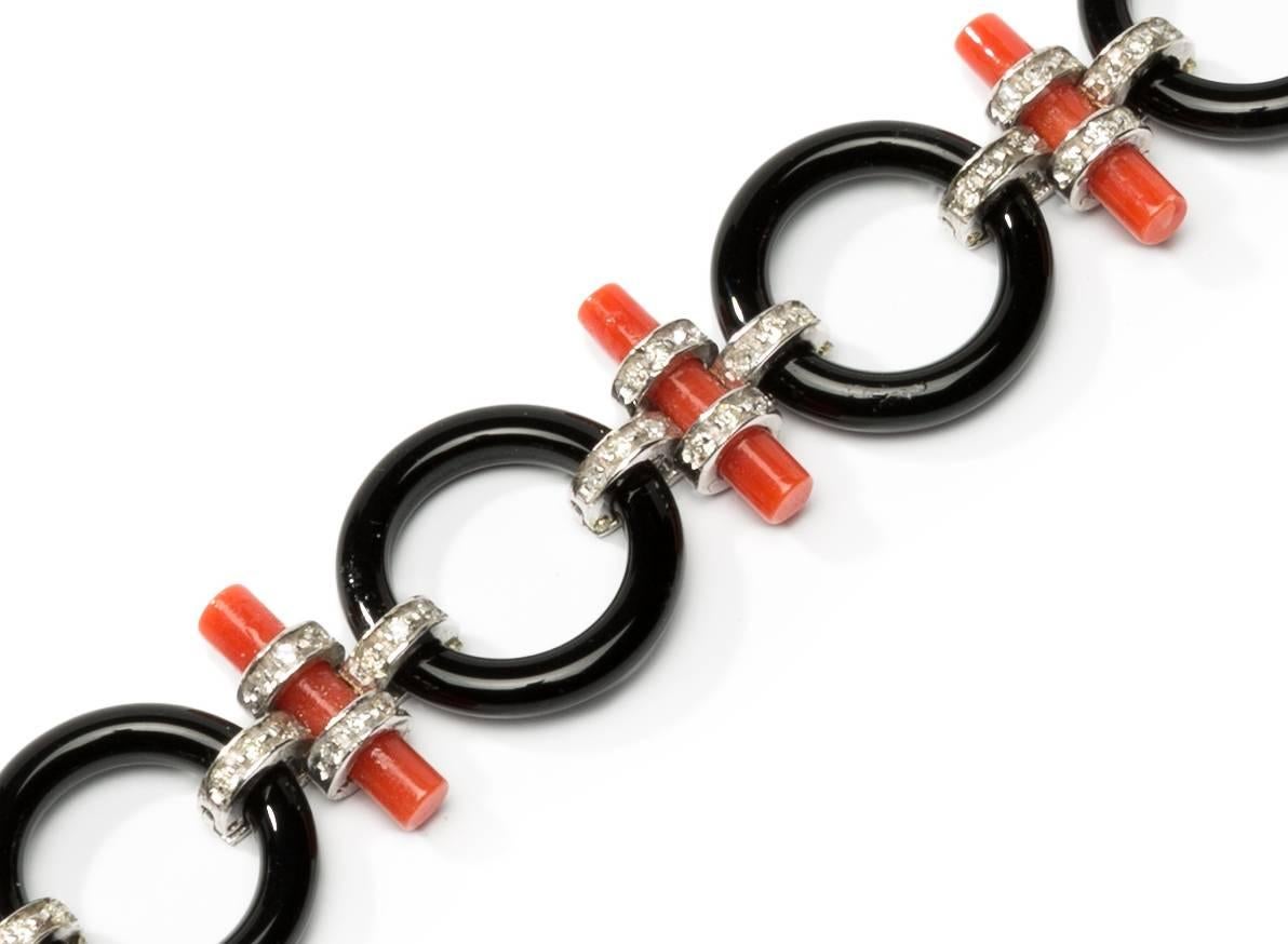 Brilliant Cut Coral and Onyx Bracelet with Diamonds For Sale