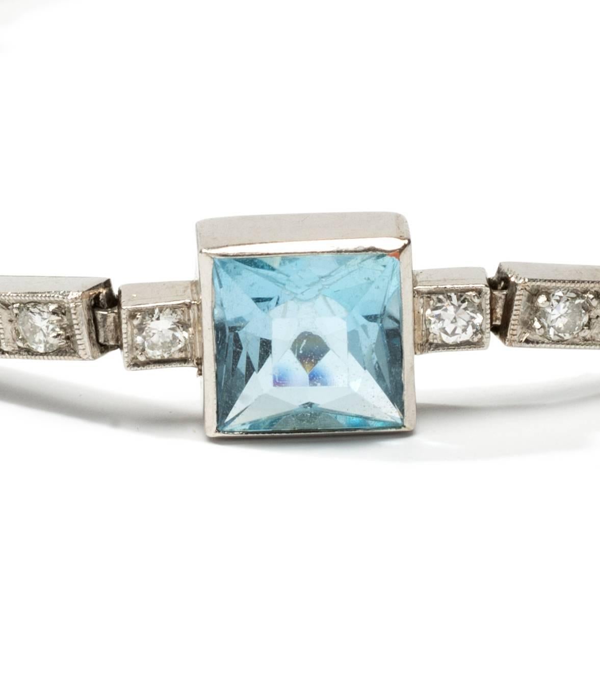 Princess Cut Art Deco Aquamarine Diamond Platinum Bracelet For Sale