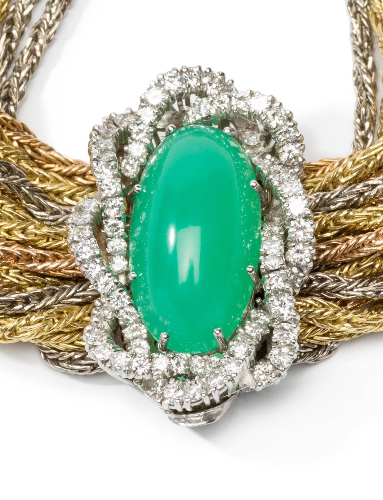 Chrysoprase Cabochon Diamond Braided Gold Bracelet In Excellent Condition For Sale In Berlin, DE