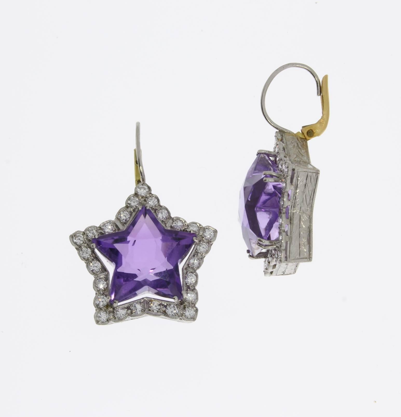 Modern Amethyst Diamond Platinum Star Shaped Earrings For Sale