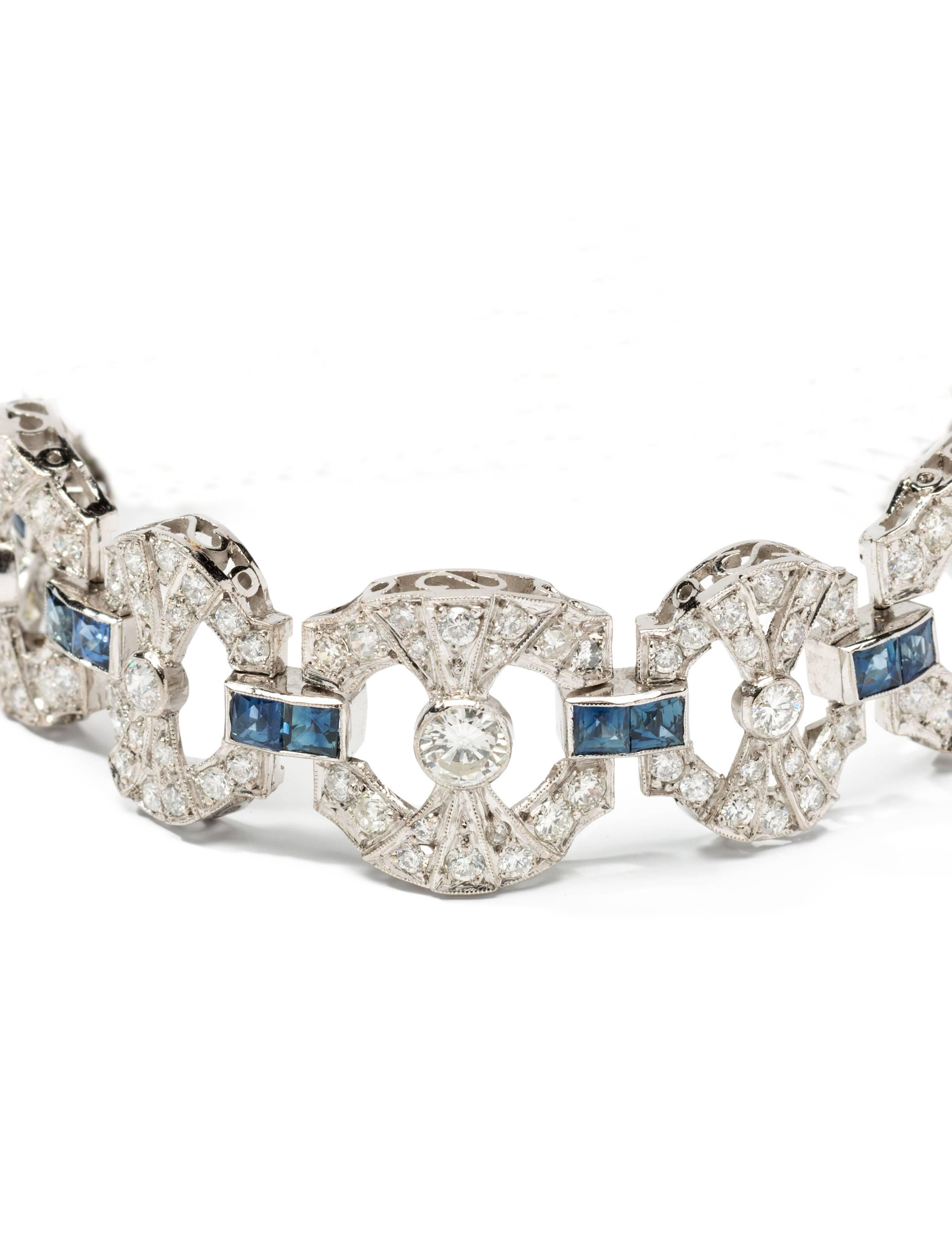 Brilliant Cut Art Deco Sapphire Diamond Platinum Link Bracelet For Sale