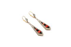 Coral Onyx Diamond Gold Platinum Dangle Earrings