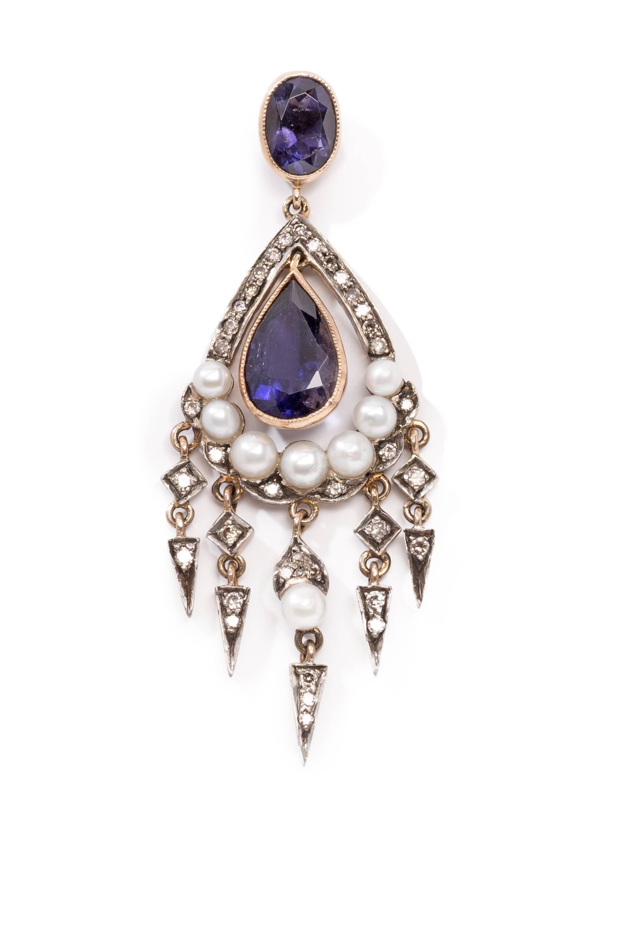 Art Deco Antique Sapphire Diamond Silver Gold Dangle Earrings