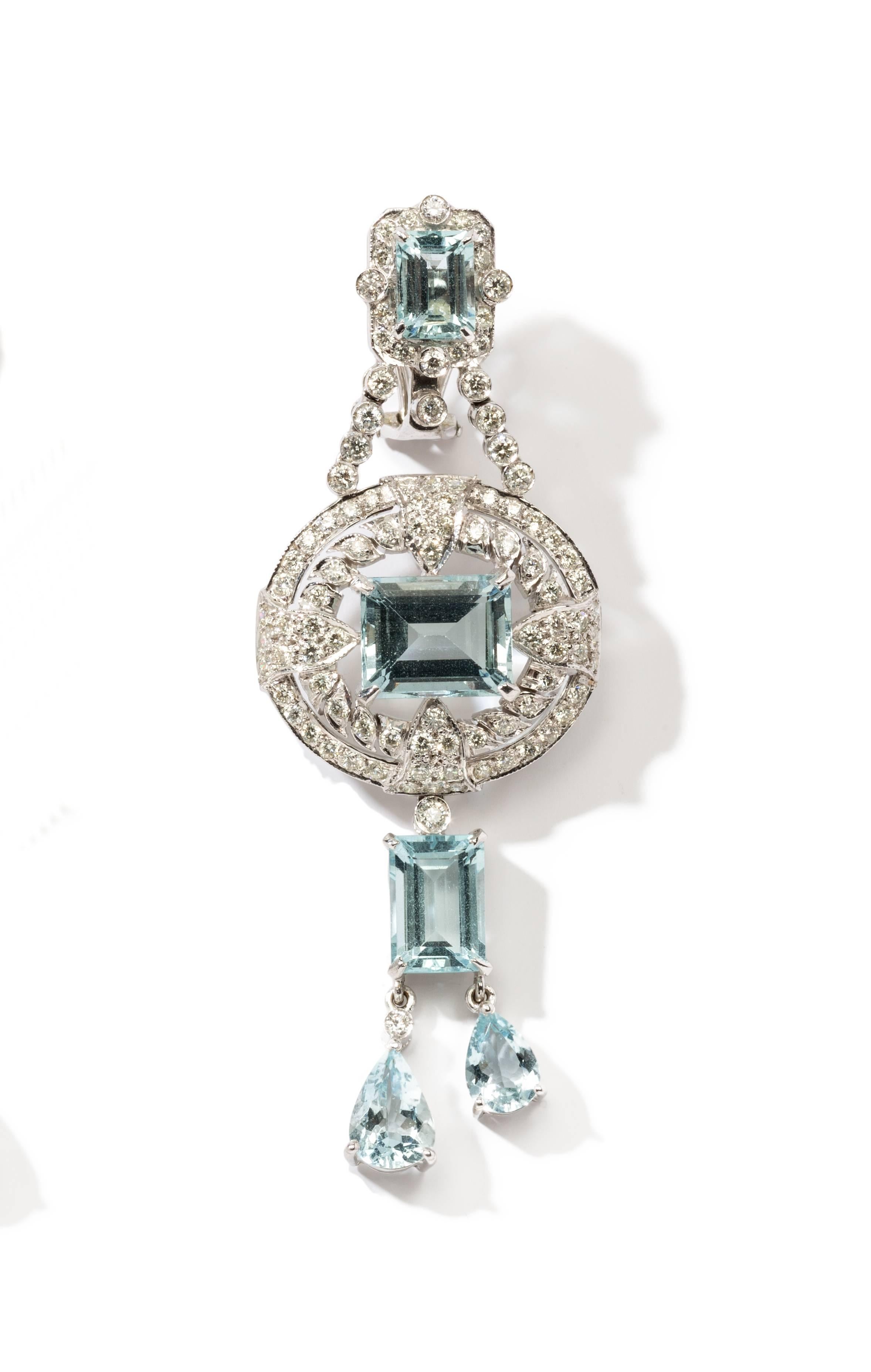 Brilliant Cut Pair of Art Deco Style Aquamarine Diamond White Gold Dangle Earrings For Sale