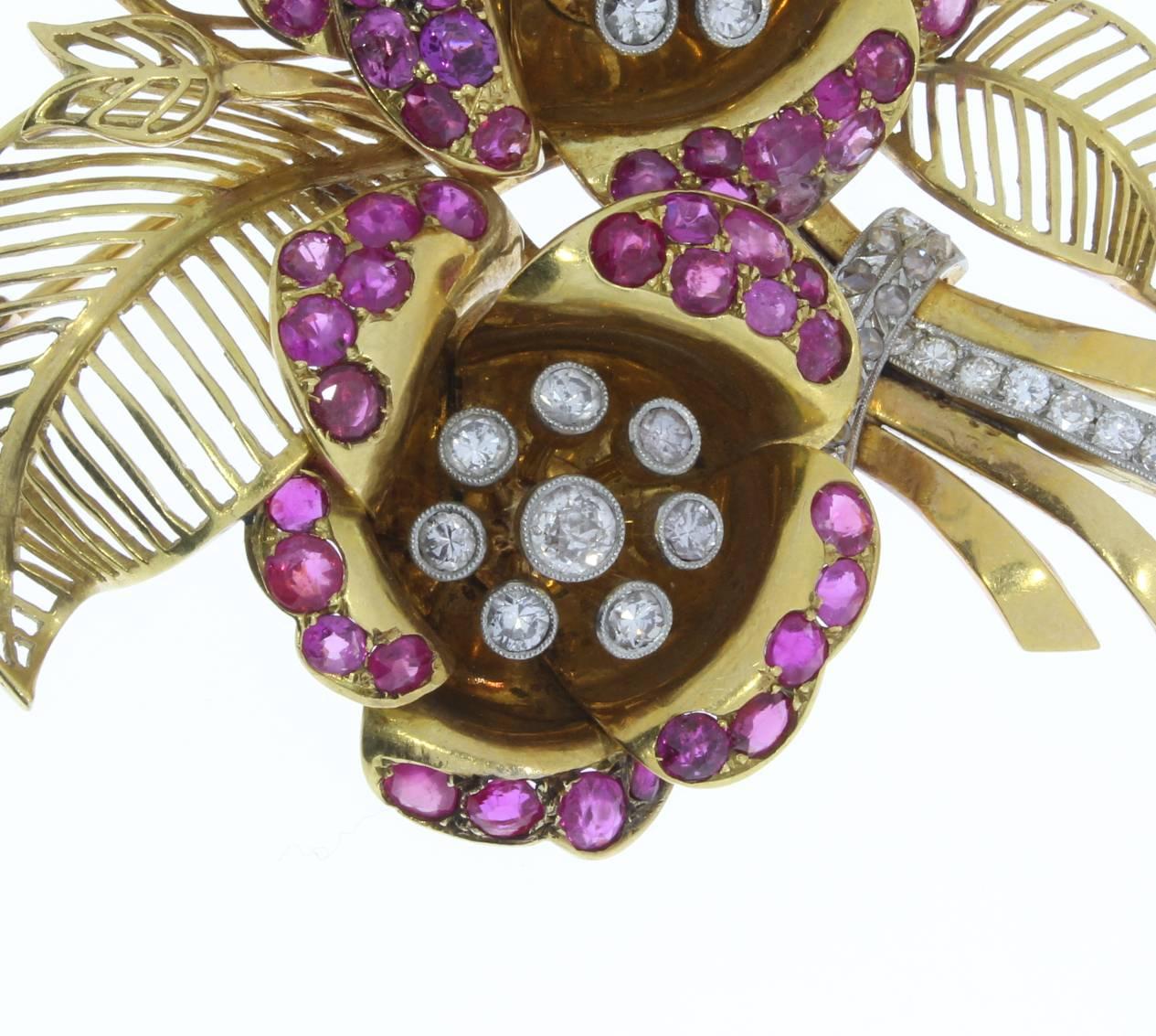 Women's Large Ruby Diamond Gold Flower Brooch