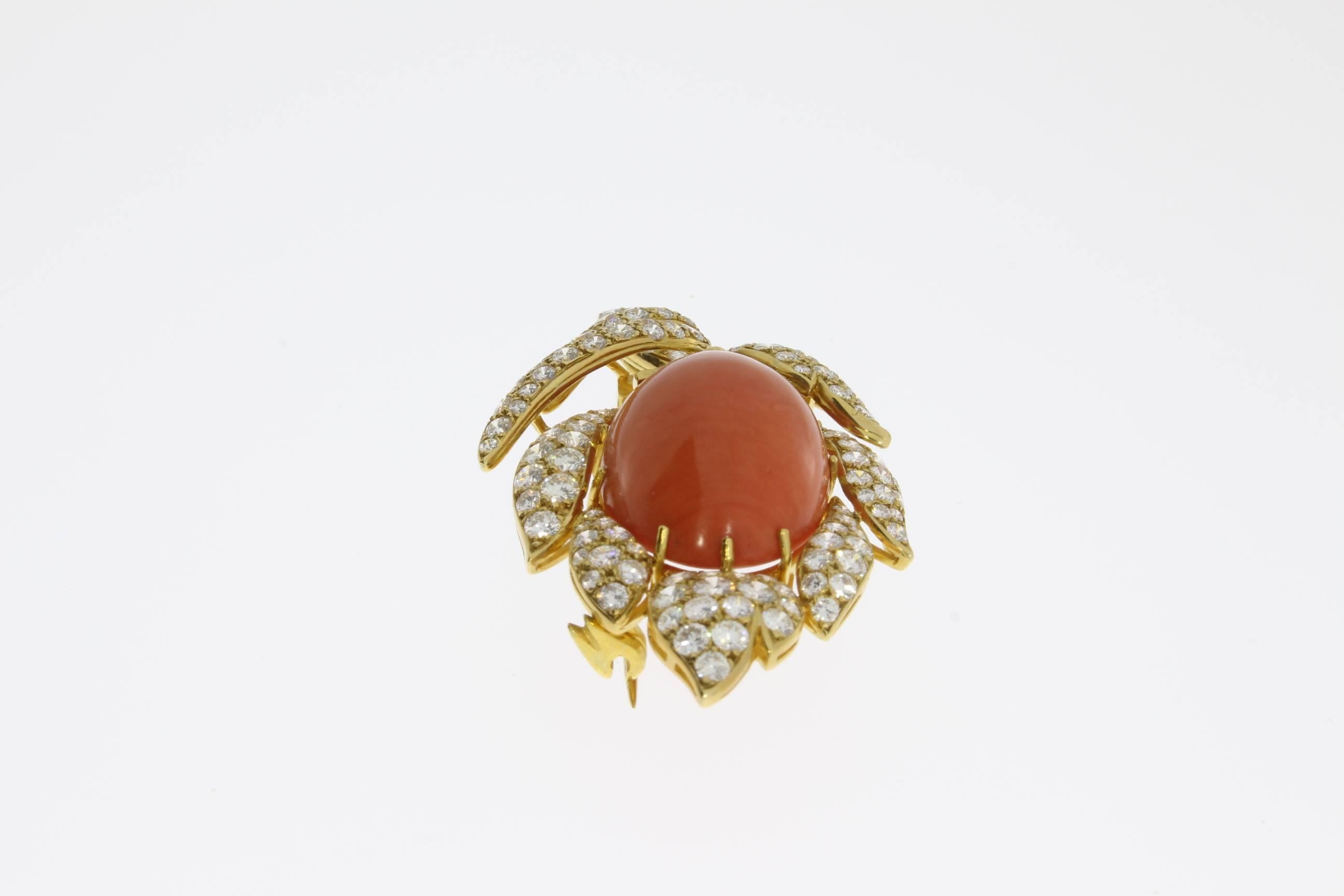 Cabochon Coral Diamond Gold Brooch Pendant, 1960s For Sale