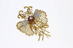 1940s Ruby Diamond Gold Butterfly Brooch