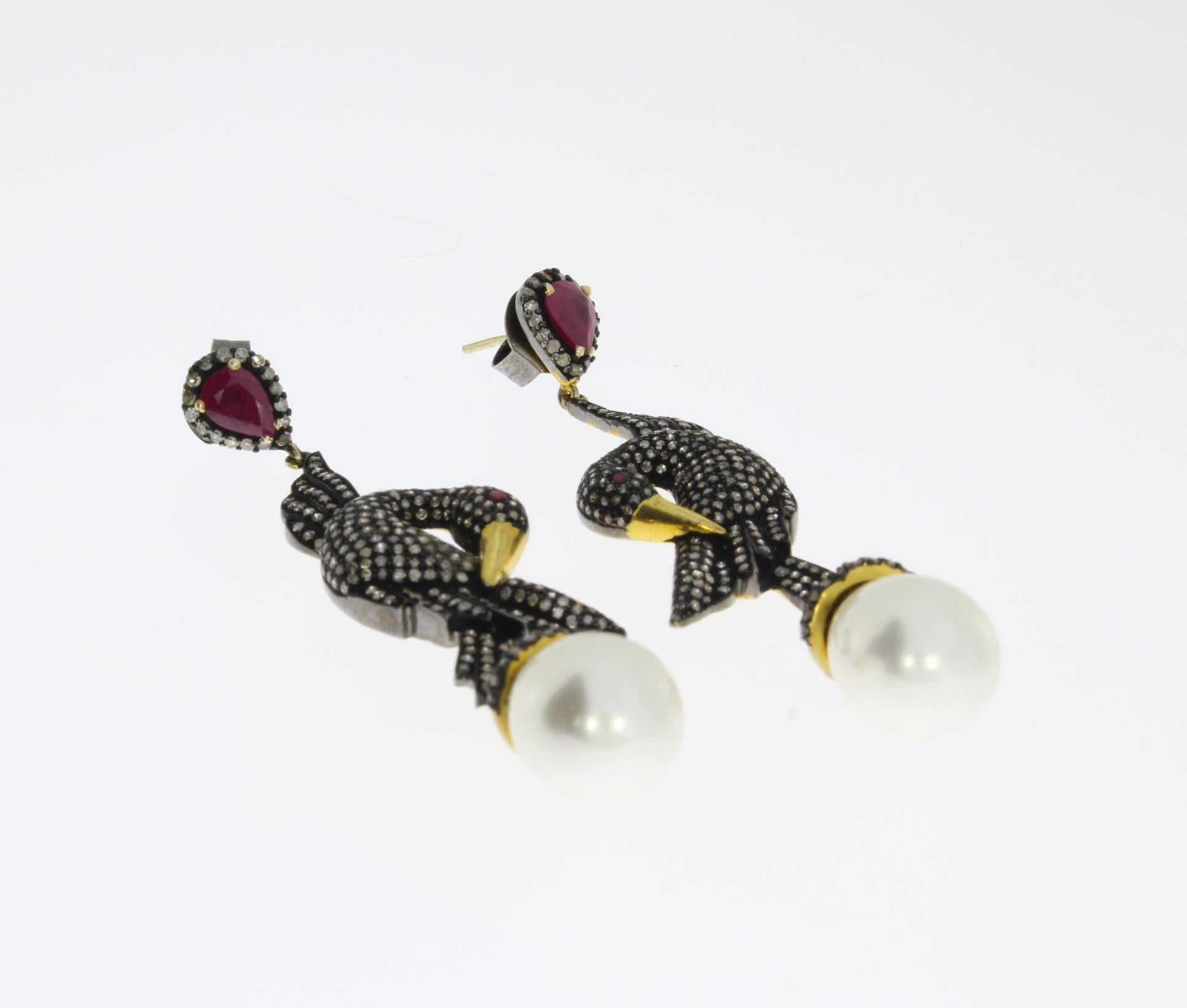 Modern Pearl Ruby Diamond Silver Gold Bird Shaped Dangle Earrings For Sale