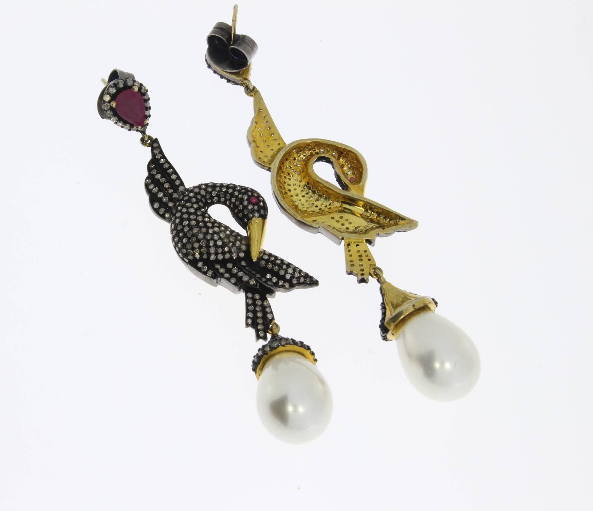 Round Cut Pearl Ruby Diamond Silver Gold Bird Shaped Dangle Earrings For Sale