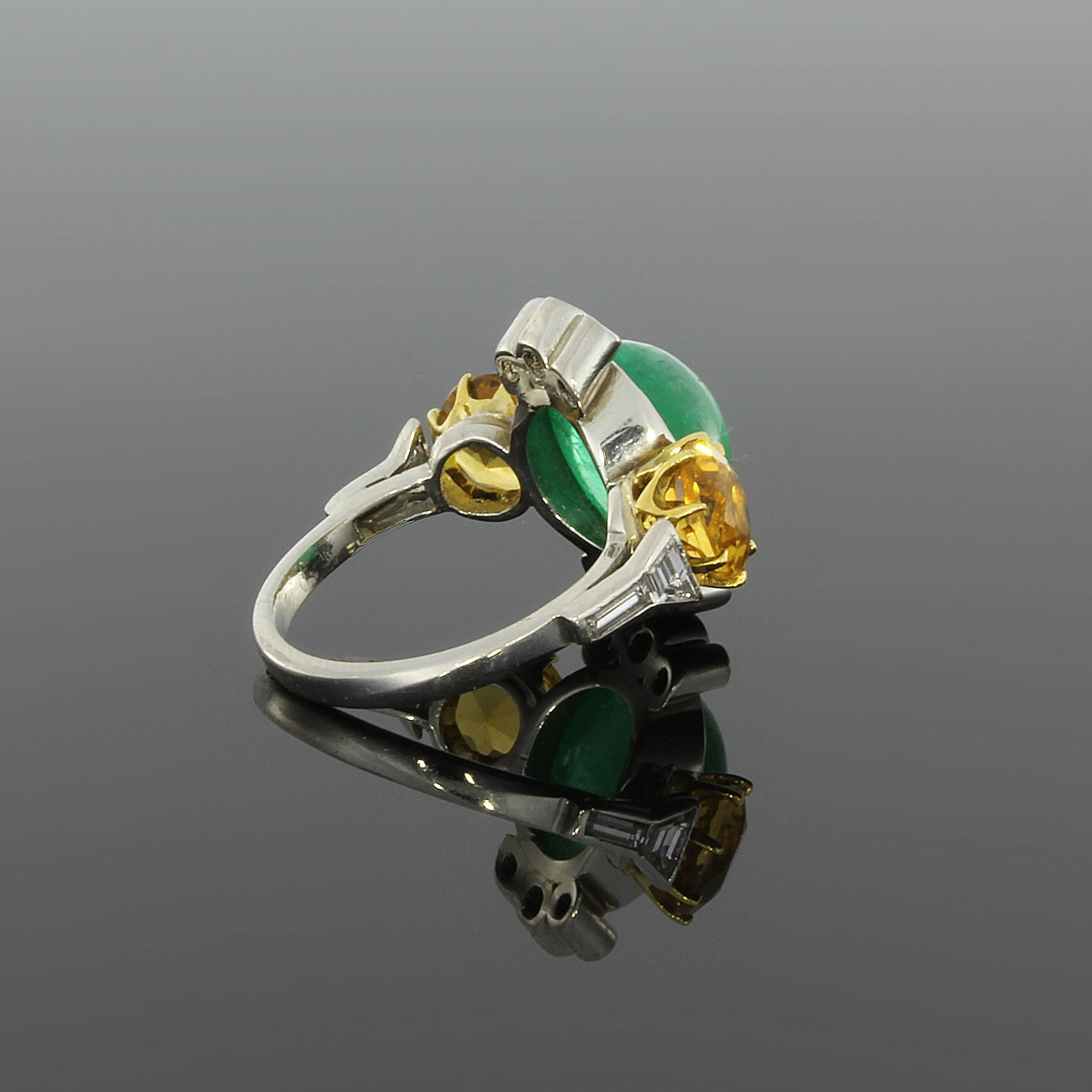 Oval Cut 1940s Emerald Cabochon Citrine Diamond Gold Ring For Sale