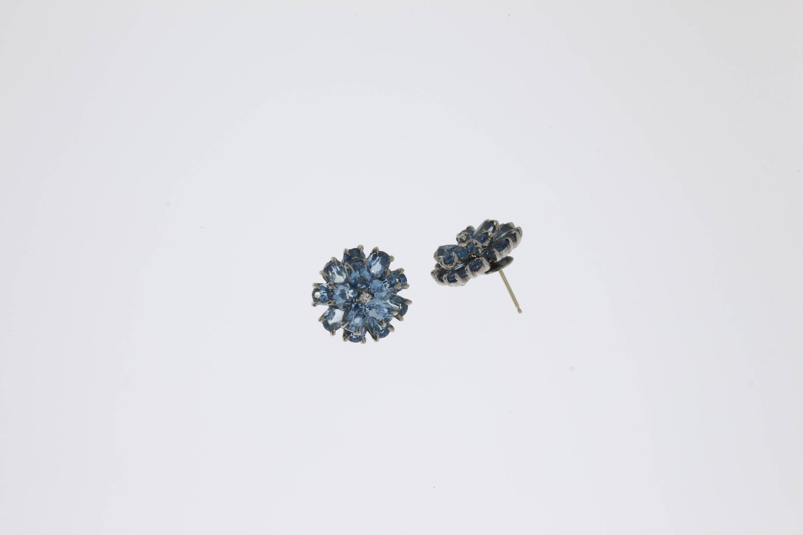 Oval Cut Floral Shape Aquamarine Diamond Gold Stud Earrings For Sale