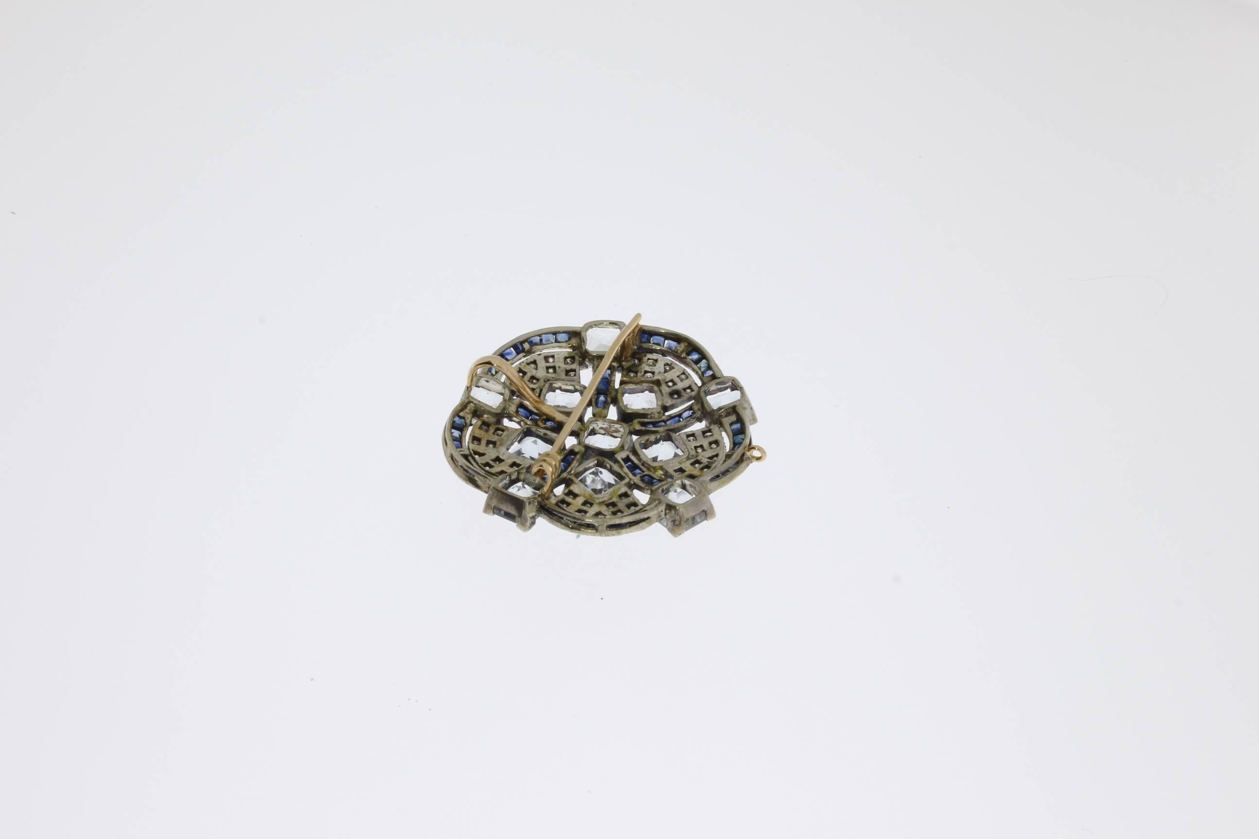 Princess Cut Aquamarine Diamond Silver Gold Flower Shape Brooch Pendant For Sale