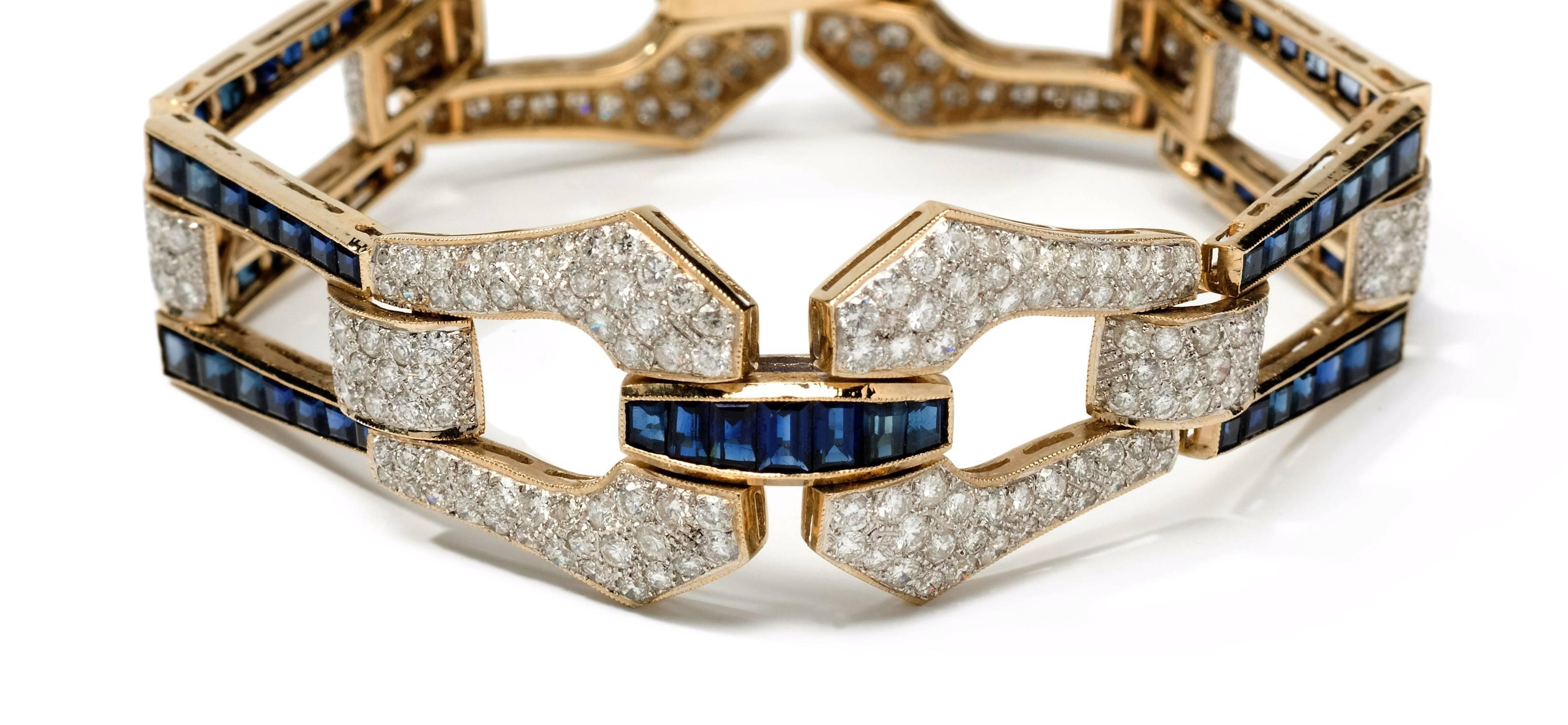 Brilliant Cut Art Deco Style Sapphire Diamond Gold Bracelet For Sale