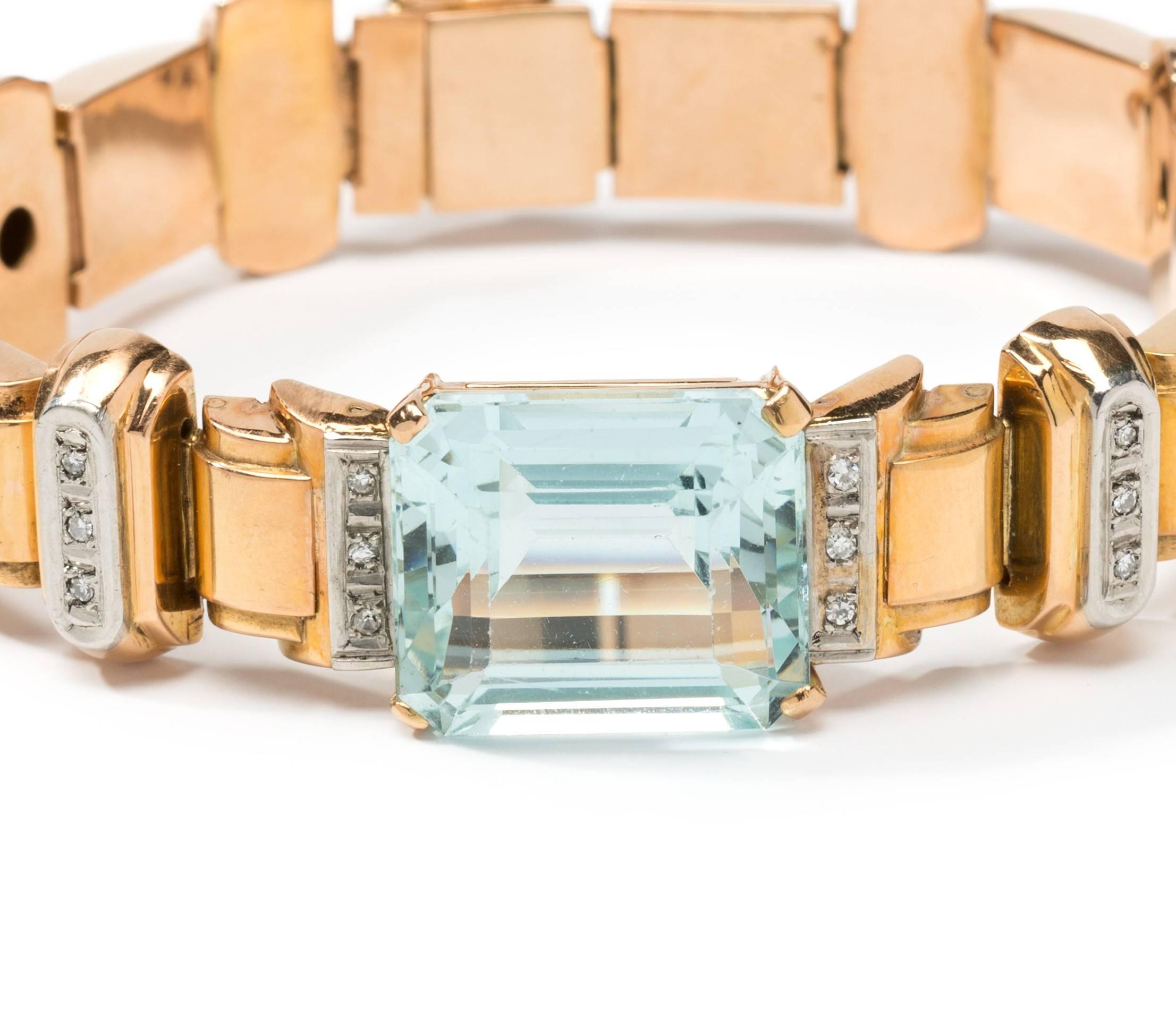 Goldarmband mit Aquamarin-Diamant (Carréeschliff) im Angebot