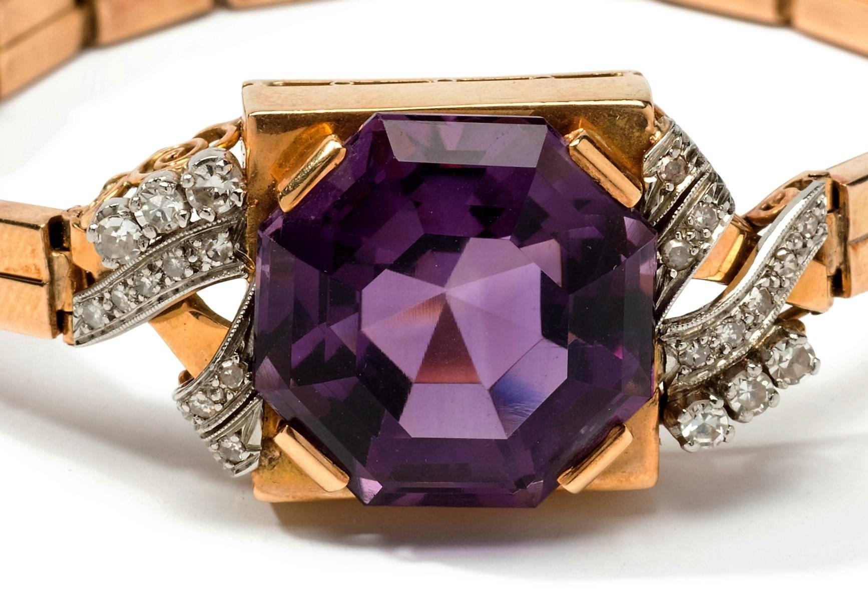 Octagon Cut Amethyst Diamond Gold Bracelet For Sale