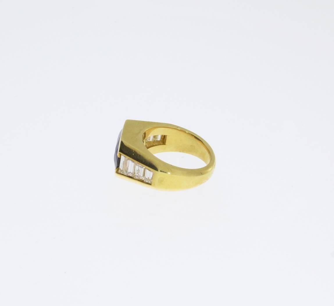 Baguette Cut Sapphire Diamond Gold Cocktail Ring For Sale