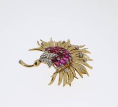 Ruby Diamond Gold Floral Brooch