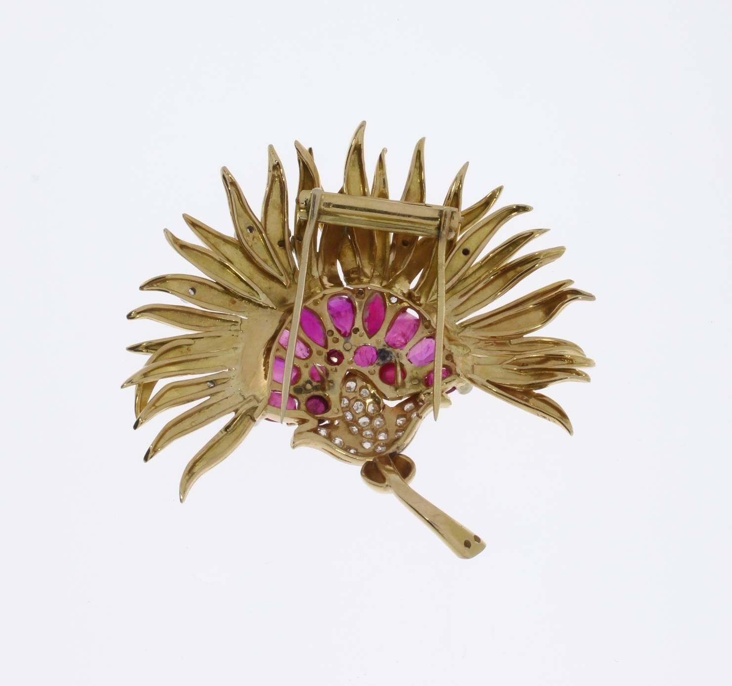 Old Mine Cut Ruby Diamond Gold Floral Brooch For Sale